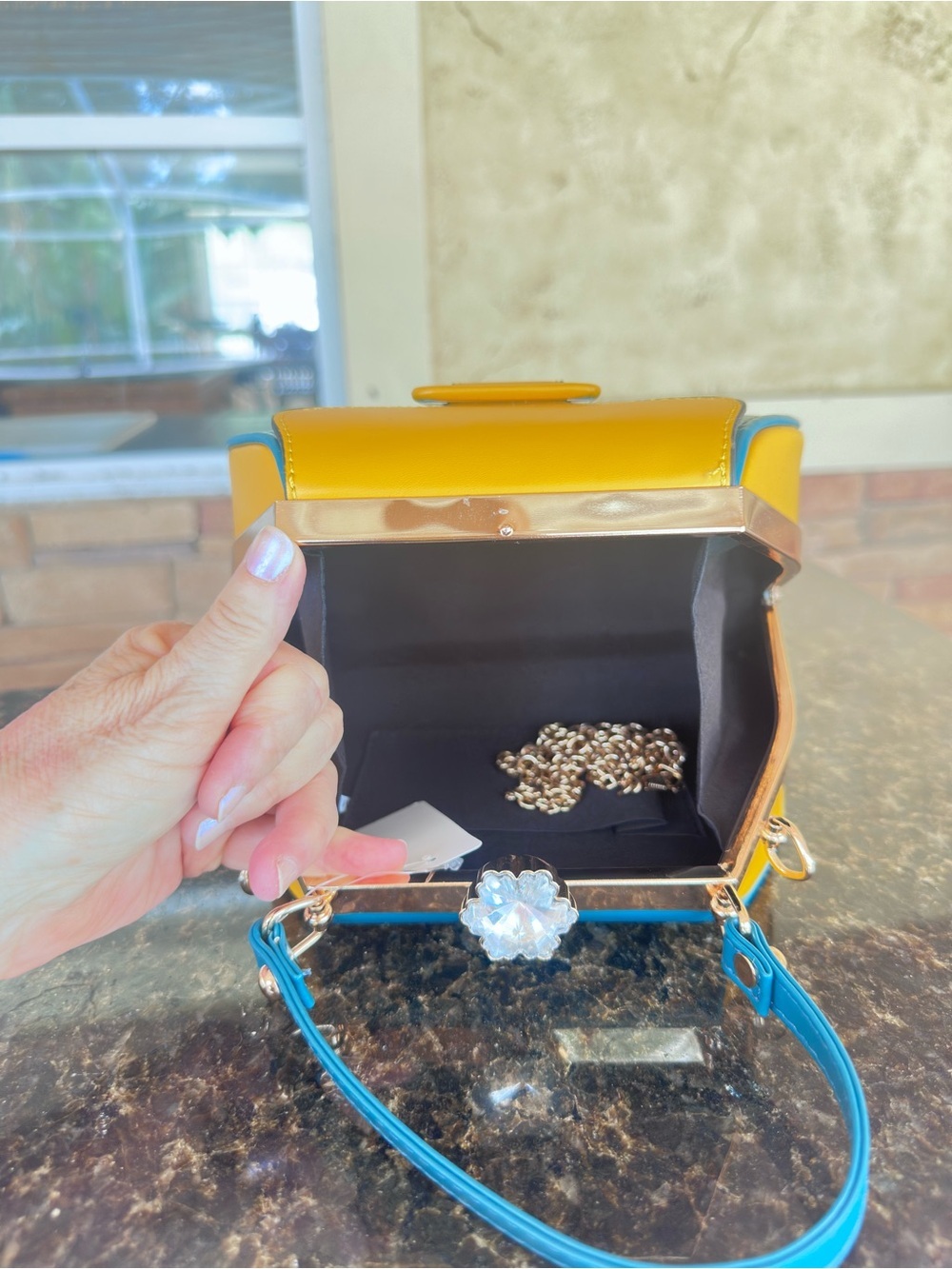 Accessorize Blue Yellow Top Handle Crossbody Bag Crystal Clasp - Picture 12 of 16